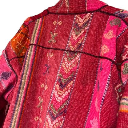 Vintage Boho Woven Kimono Jacket Red Stripes Pockets Kantha, Size XL