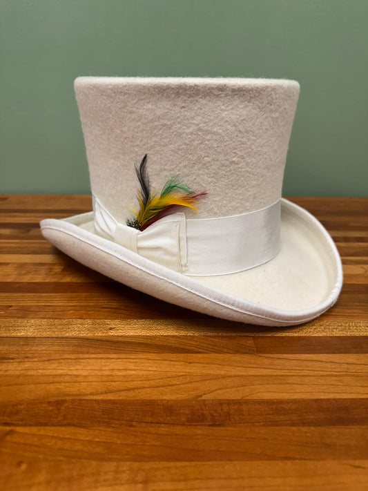 White Felt Top Hat With White Ribbon and Feathers