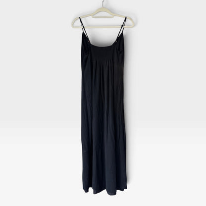 Minimalist Black Button-Front Slip Dress, Spaghetti Strap Midi, Linen Blend, Size S/M