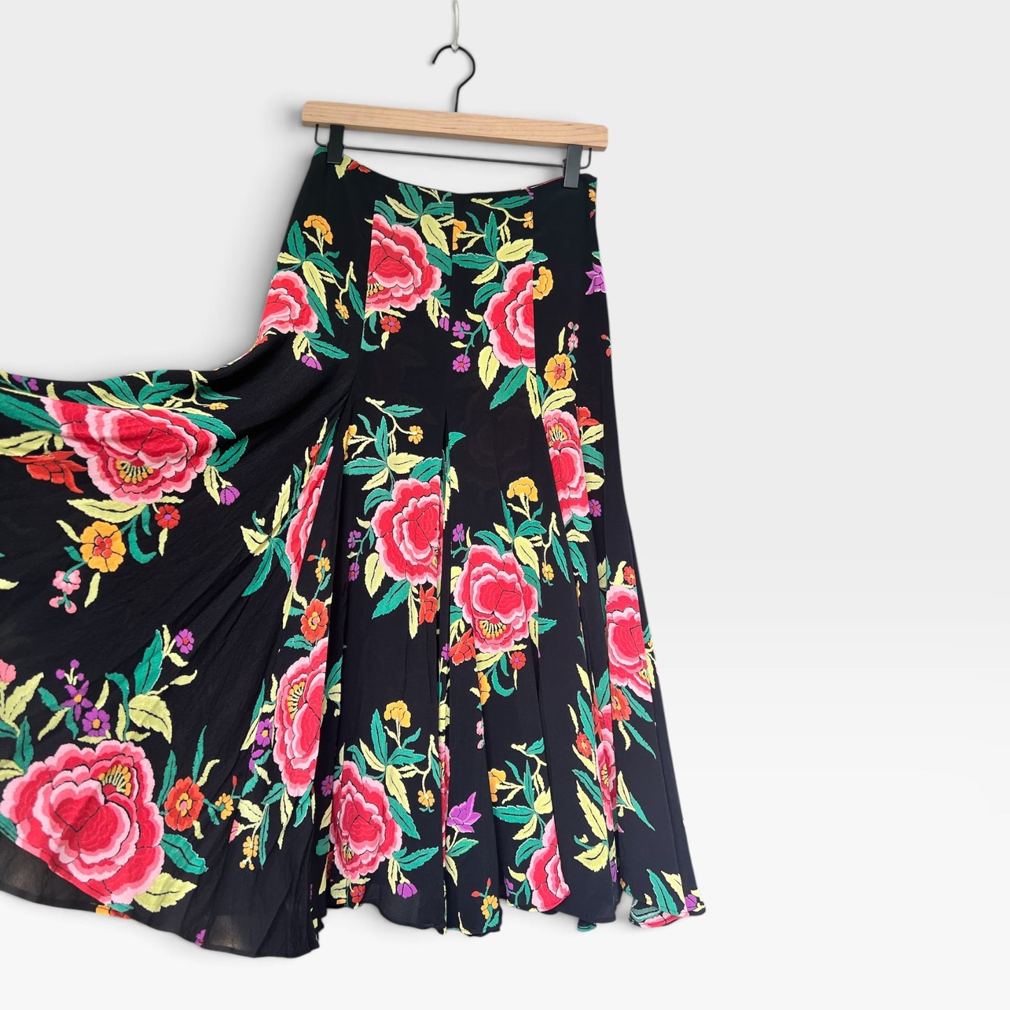 Vintage 80s Norma Kamali Floral Midi Skirt Bold Peony Print Crepe A-Line, Size S
