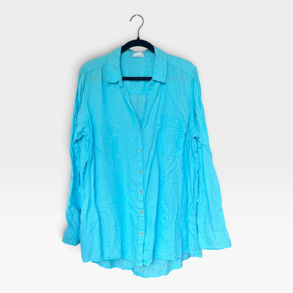 100% Linen Sigrid Olsen Button-Up Shirt, Bright Turquoise Blue, Size XL
