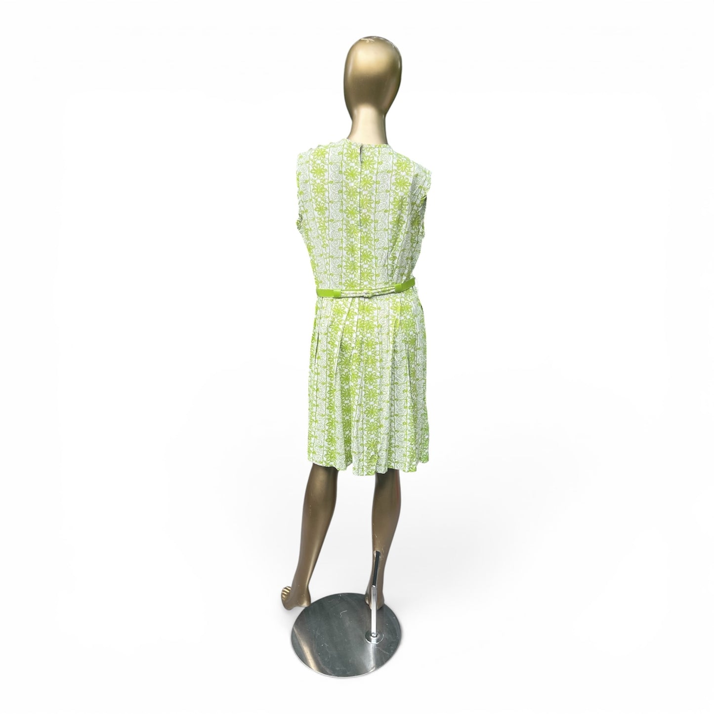 Mod 60s True Vintage Belted Green Patterned Dress, Tiki, Size Small