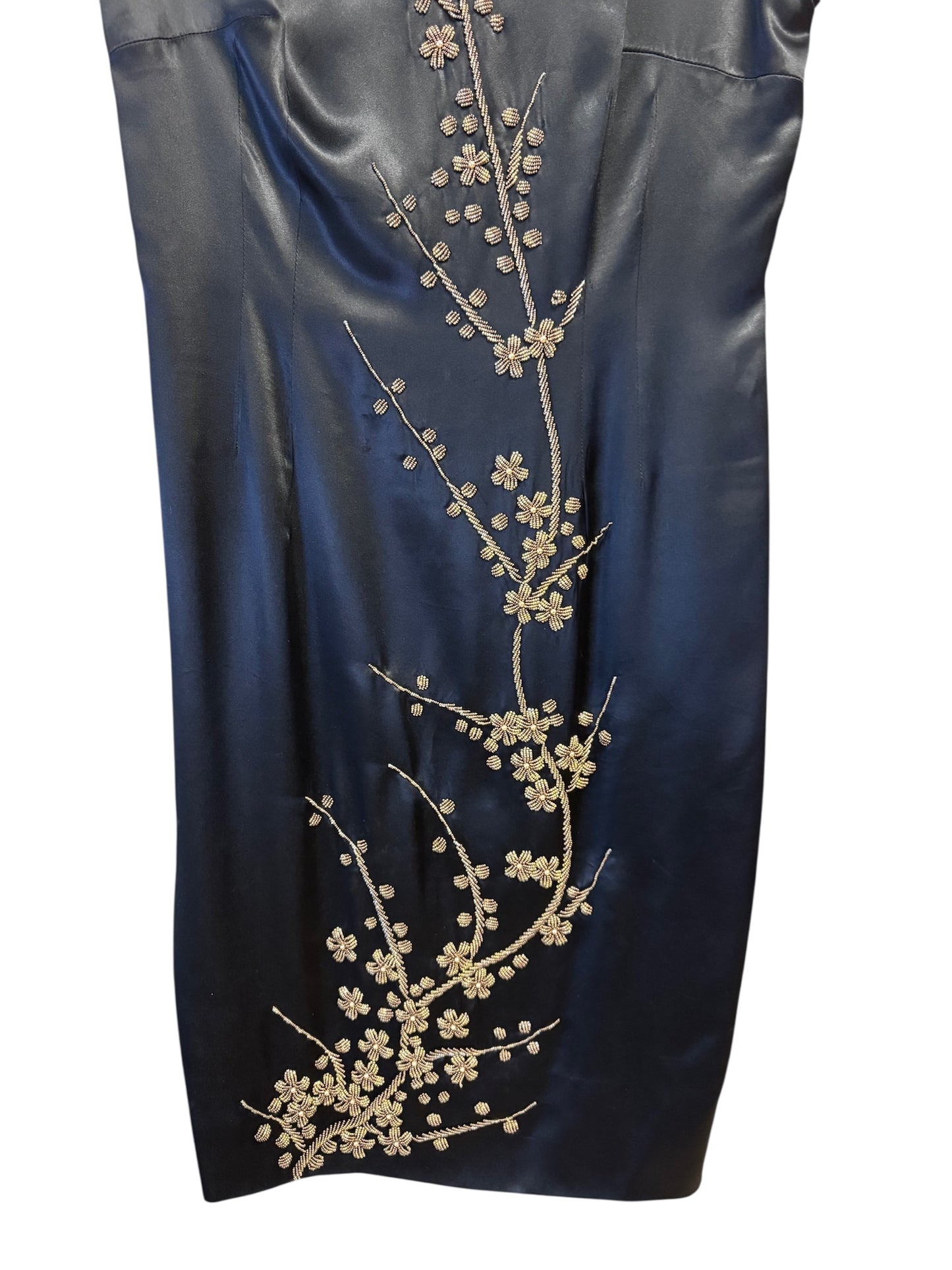 Vintage 60s Black Silk Dress with Gold Floral Embellishment, size m