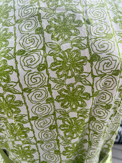 Mod 60s True Vintage Belted Green Patterned Dress, Tiki, Size Small
