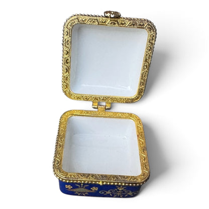 Vintage Cobalt Blue Porcelain Floral Hinged Trinket Box