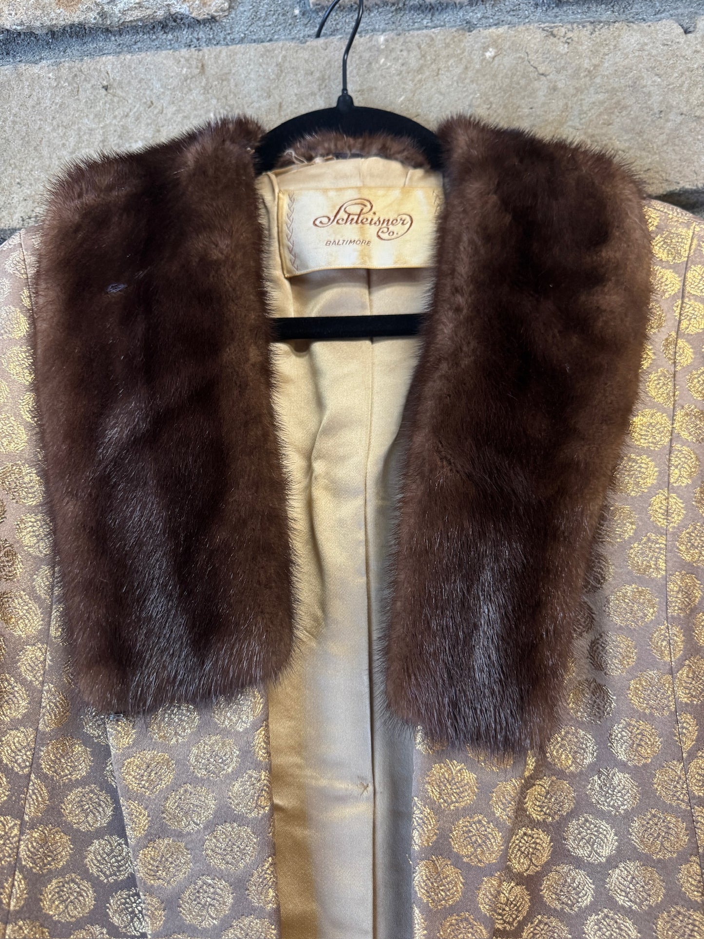 2-Piece Vintage Gold Dress + Fur Collar Coat by Schleisner Co., size medium
