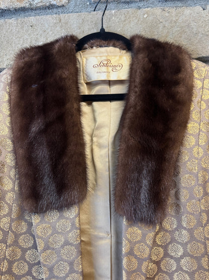 2-Piece Vintage Gold Dress + Fur Collar Coat by Schleisner Co., size medium