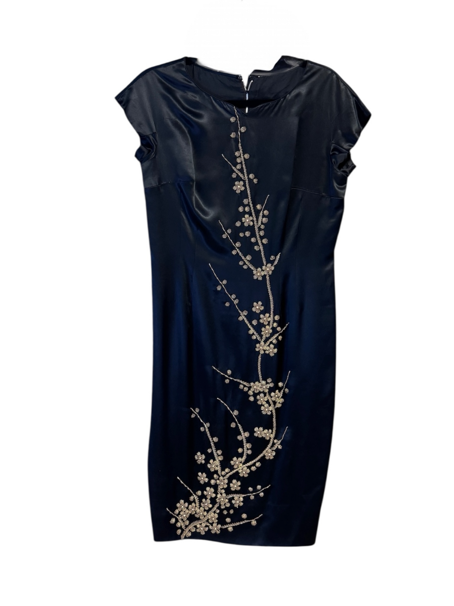 Vintage 60s Black Silk Dress with Gold Floral Embellishment, size m