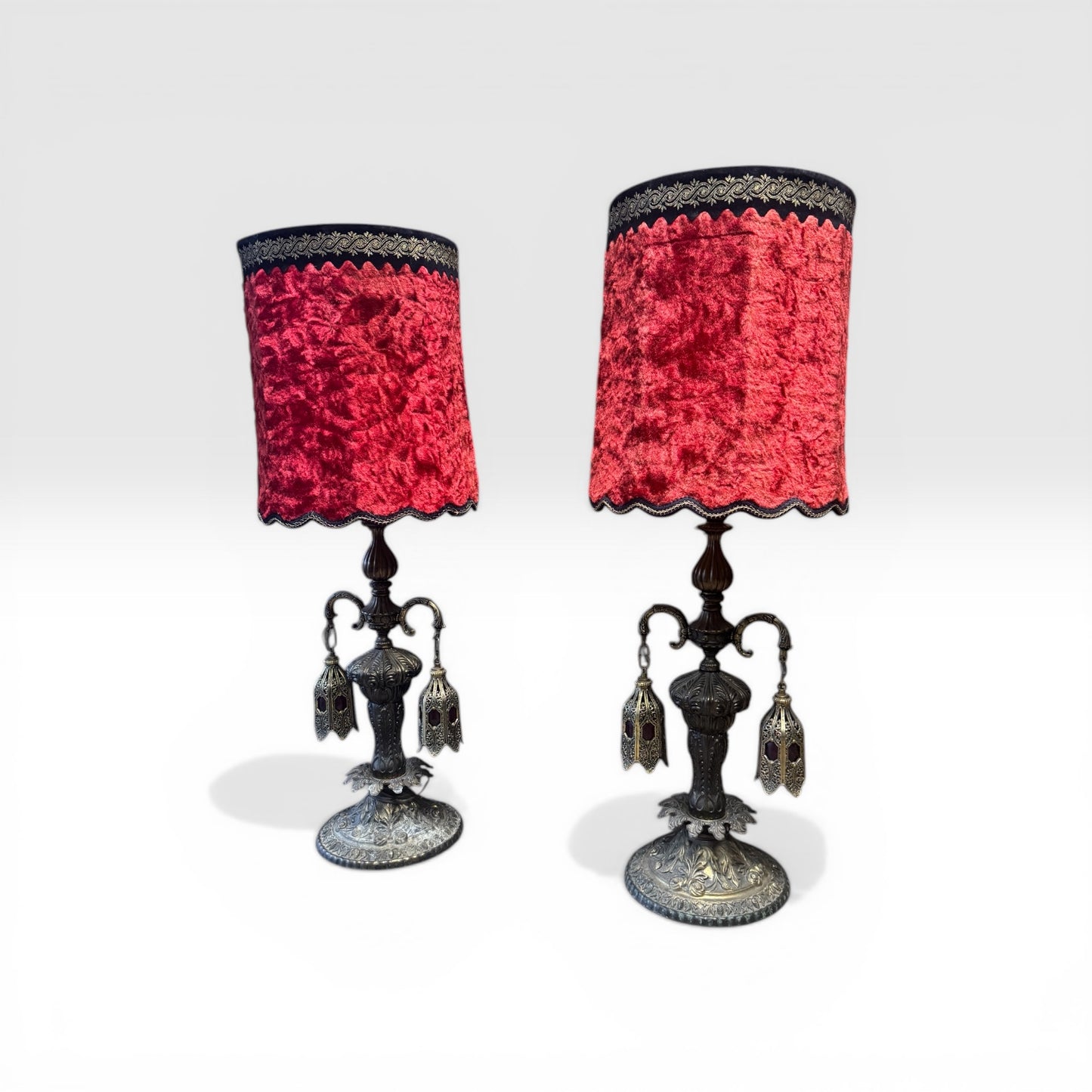 Vintage Pair (2) of Hollywood Regency / Gothic Revival Red Velvet 60s/70s Lamps