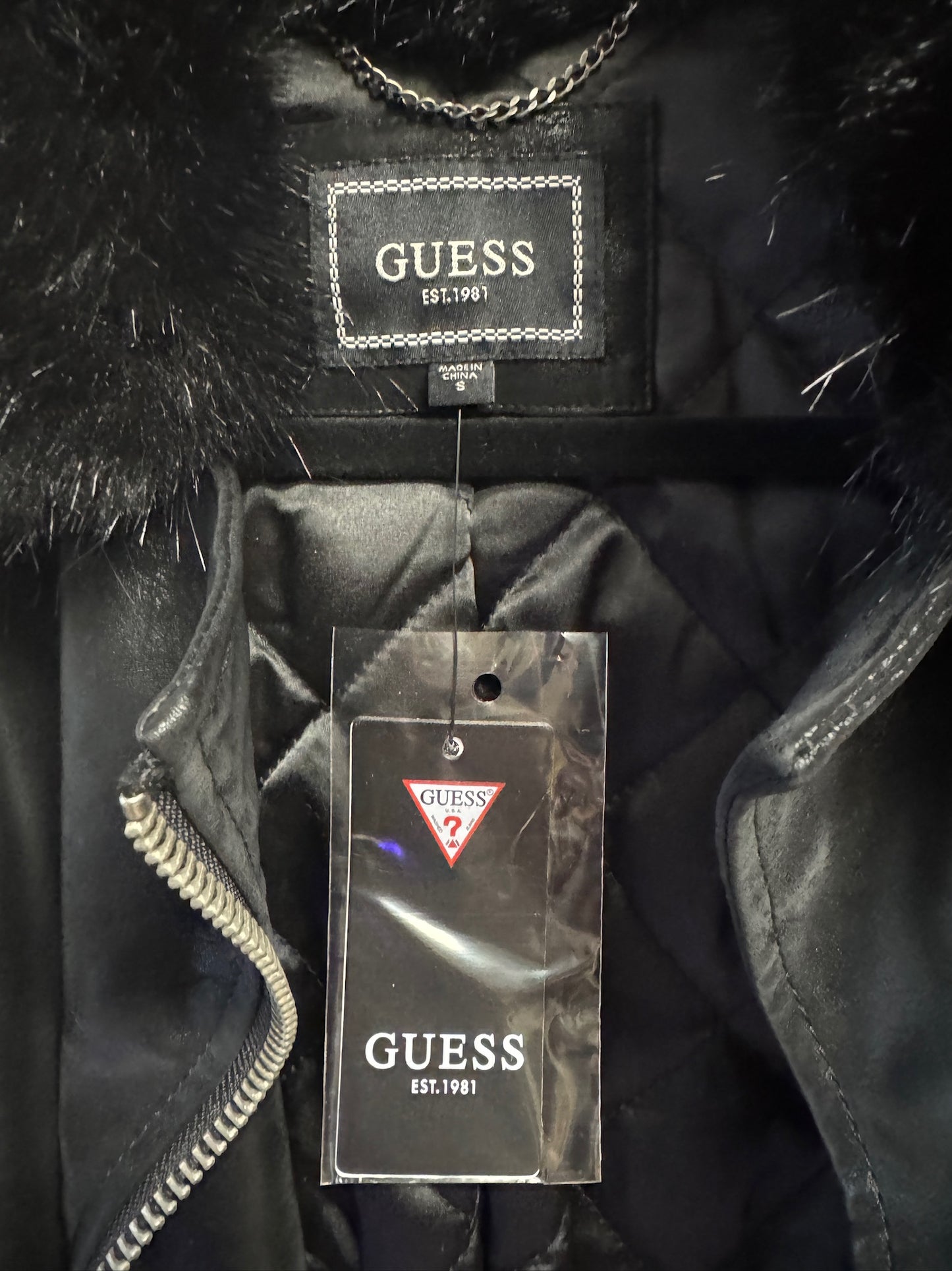 NWT Guess Black Faux Leather with Fur Trim Jacket, size small