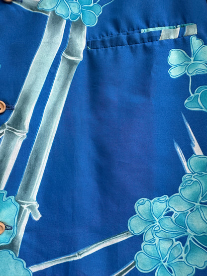 True Vintage 70s Hawaiian Aloha Blue Button Up Shirt, Size XL