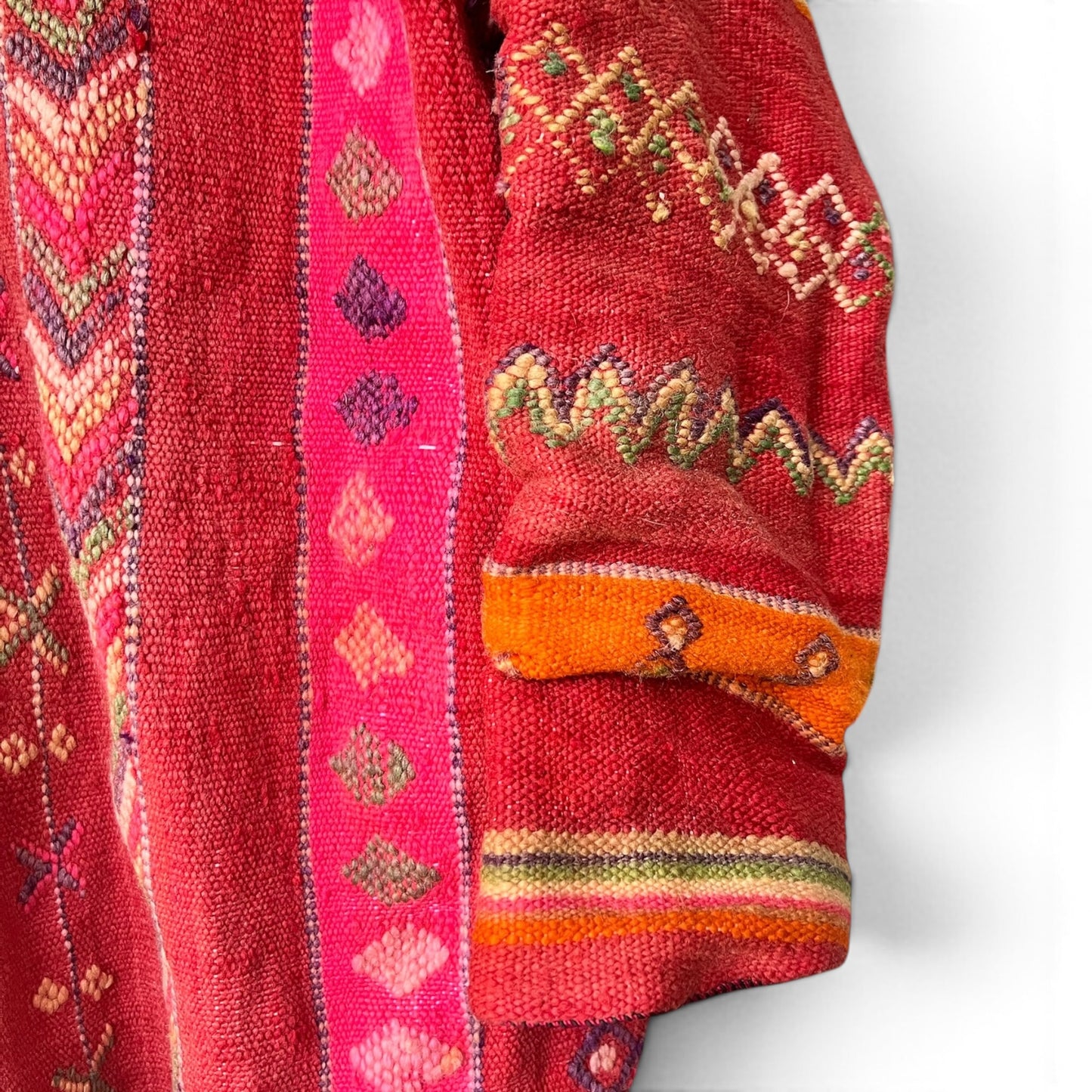 Vintage Boho Woven Kimono Jacket Red Stripes Pockets Kantha, Size XL