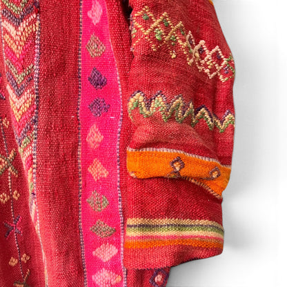 Vintage Boho Woven Kimono Jacket Red Stripes Pockets Kantha, Size XL