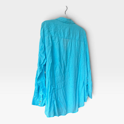 100% Linen Sigrid Olsen Button-Up Shirt, Bright Turquoise Blue, Size XL