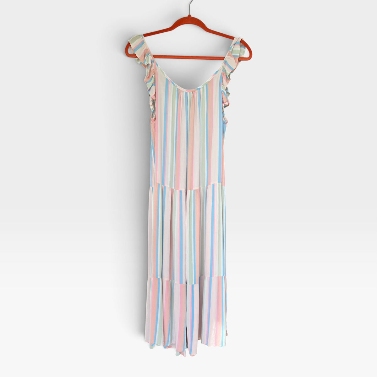 Gauzy Vertical Stripes Midi Tank Dress, Flutter Sleeves, Absolutely Famous, Size L