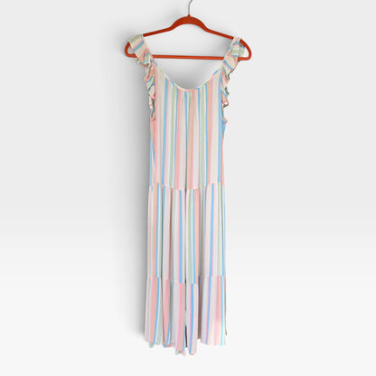 Gauzy Vertical Stripes Midi Tank Dress, Flutter Sleeves, Absolutely Famous, Size L