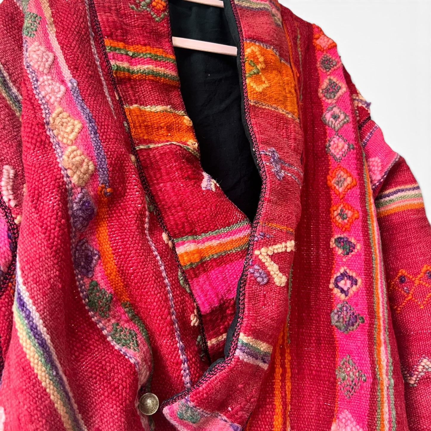Vintage Boho Woven Kimono Jacket Red Stripes Pockets Kantha, Size XL
