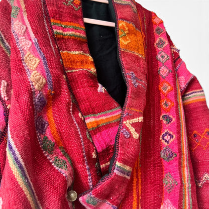 Vintage Boho Woven Kimono Jacket Red Stripes Pockets Kantha, Size XL