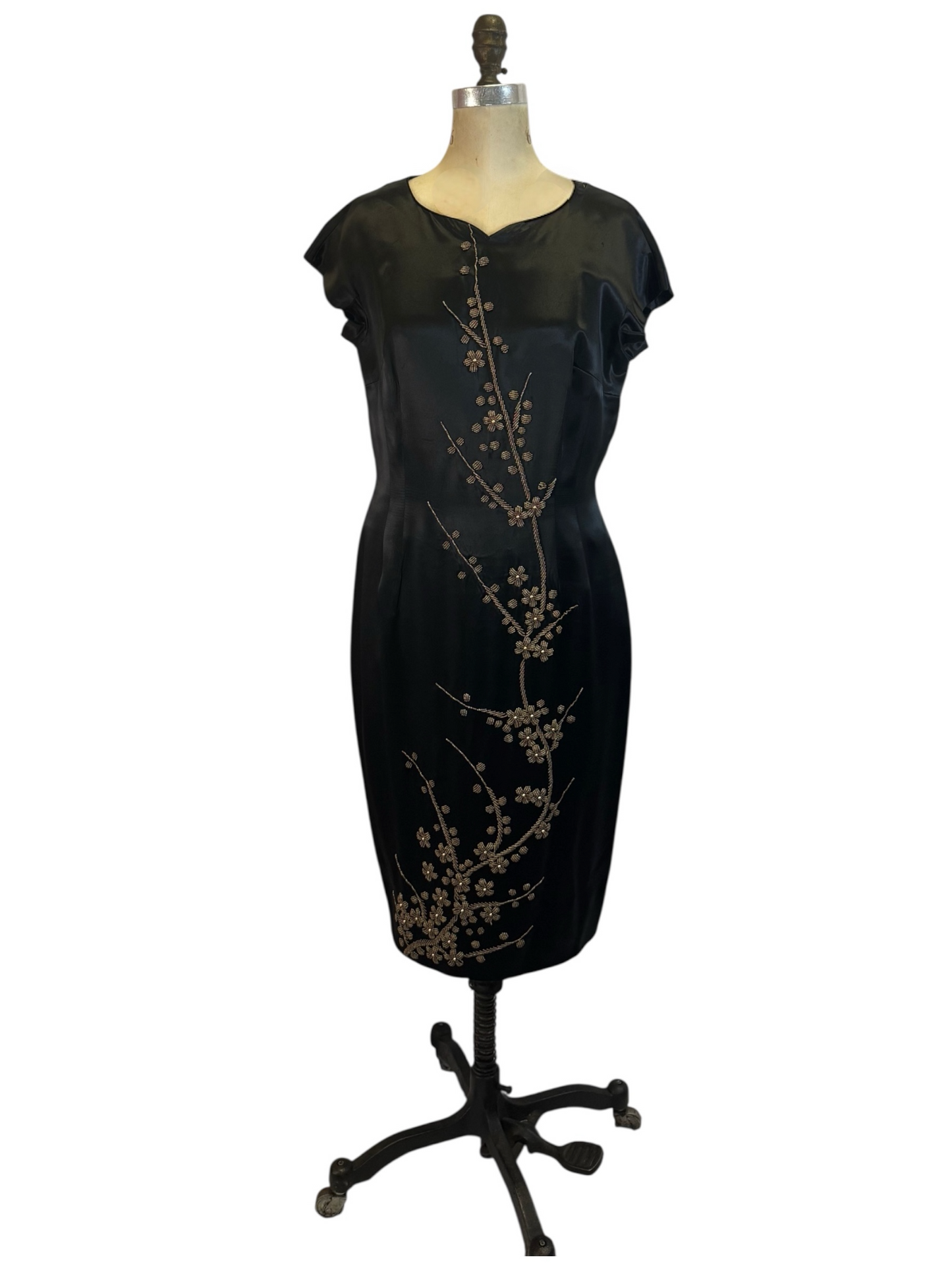 Vintage 60s Black Silk Dress with Gold Floral Embellishment, size m