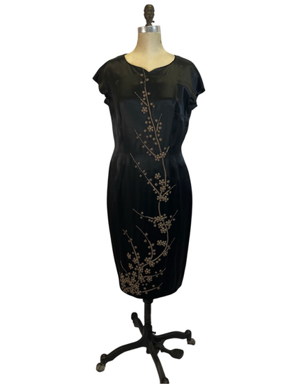 Vintage 60s Black Silk Dress with Gold Floral Embellishment, size m