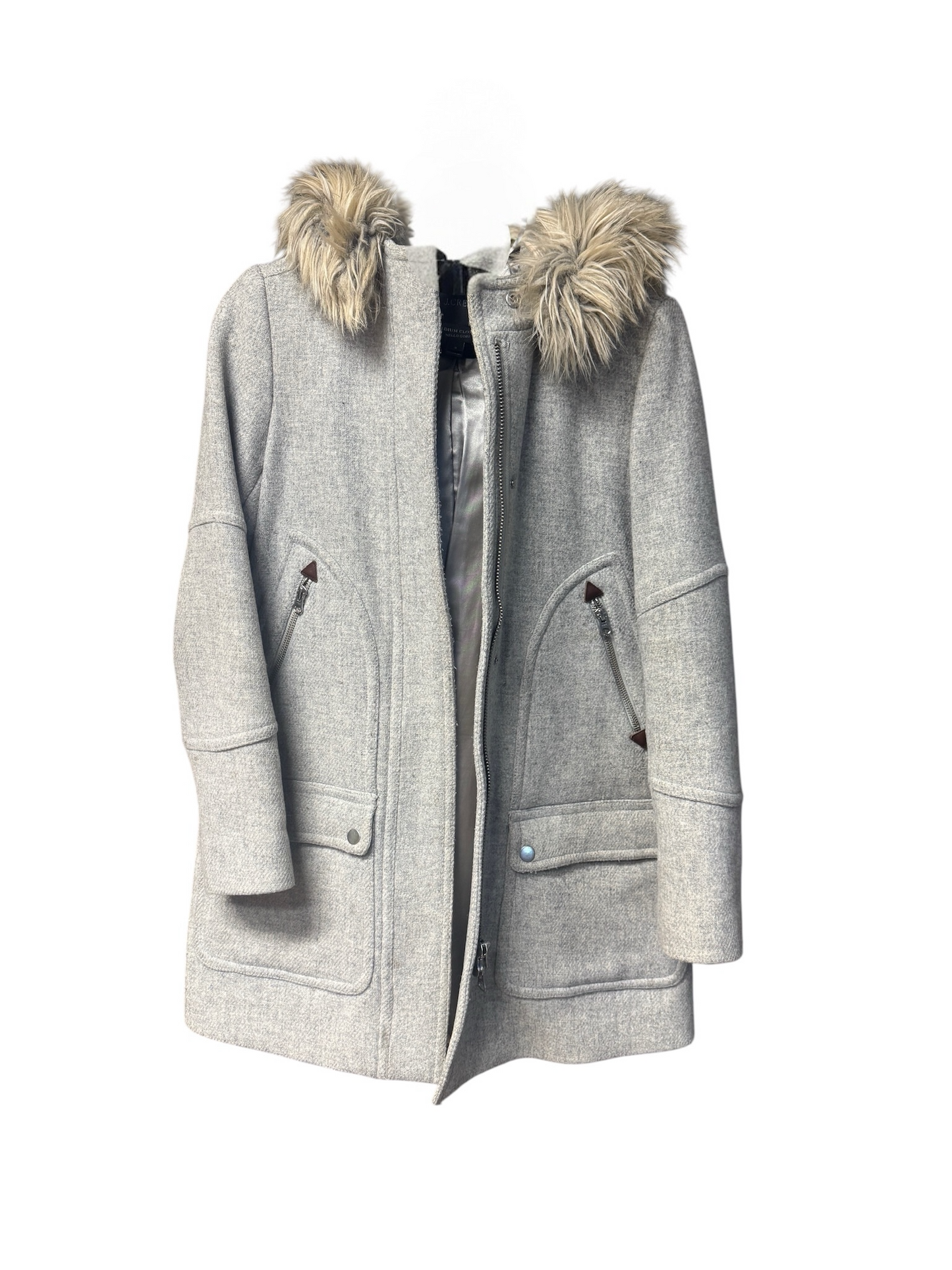 J. Crew Stadium Cloth Coat, Nello Gori, Faux Fur Hood, size 2