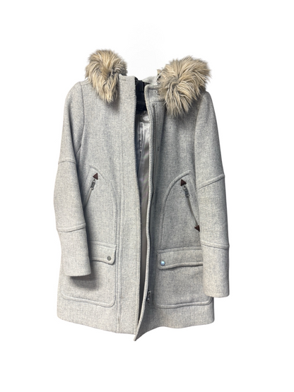 J. Crew Stadium Cloth Coat, Nello Gori, Faux Fur Hood, size 2