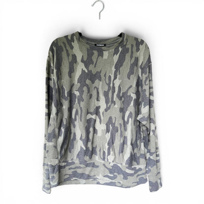 Express Camo Sweater Oversized Comfy Sweatshirt Green Camouflage, Size M