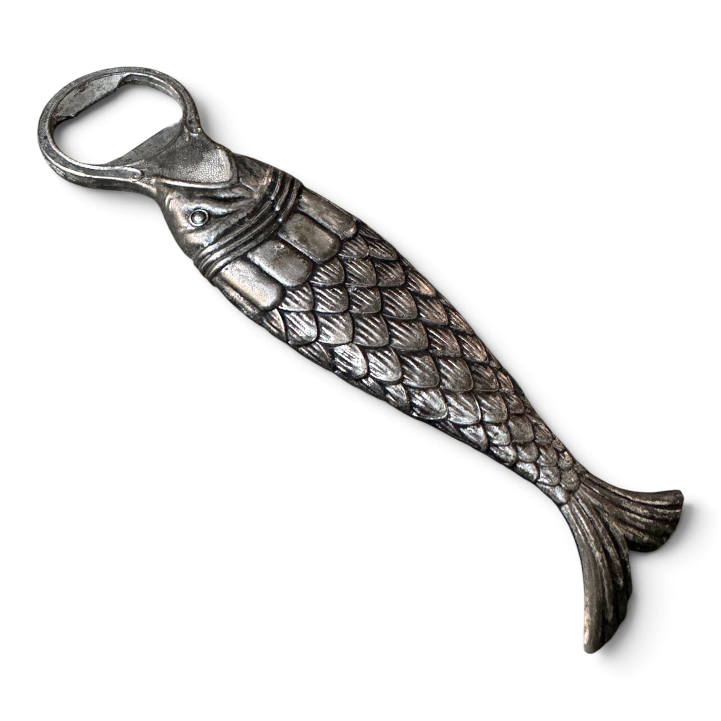 Vintage Mid-Century Silver Fish Bottle Opener, 1950s Nautical Barware