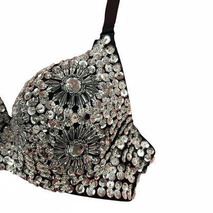 Silver Sequined Black Bra, Size Small