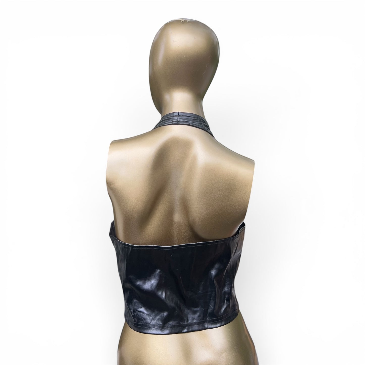 Black Faux Leather Lace-Up Corset-Style Halter Top, Size S