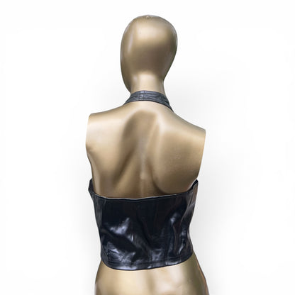Black Faux Leather Lace-Up Corset-Style Halter Top, Size S