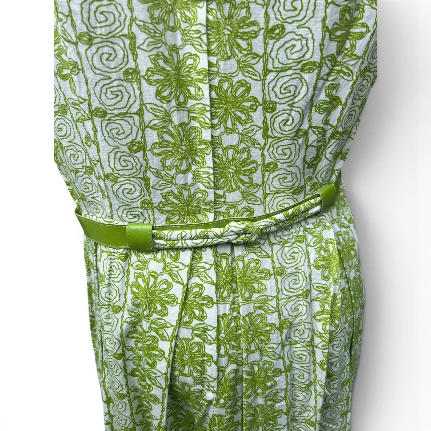 Mod 60s True Vintage Belted Green Patterned Dress, Tiki, Size Small