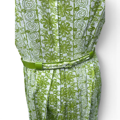 Mod 60s True Vintage Belted Green Patterned Dress, Tiki, Size Small