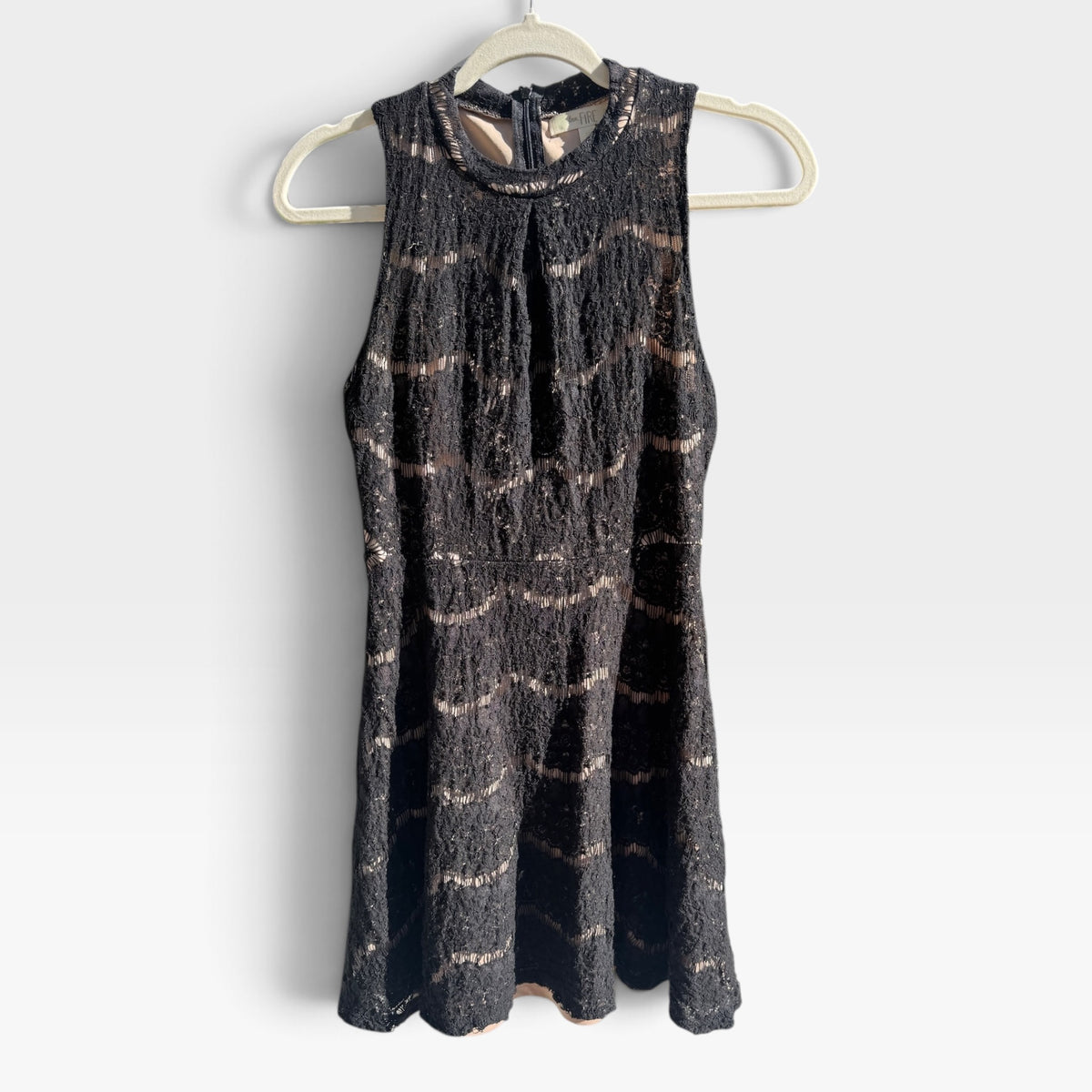 Love, Fire Black Lace Sleeveless Cocktail Mini Dress, Nude Lining, Size M