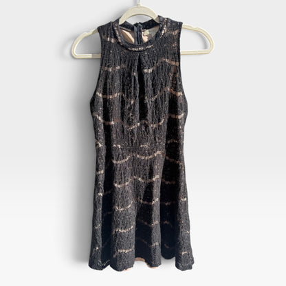 Love, Fire Black Lace Sleeveless Cocktail Mini Dress, Nude Lining, Size M