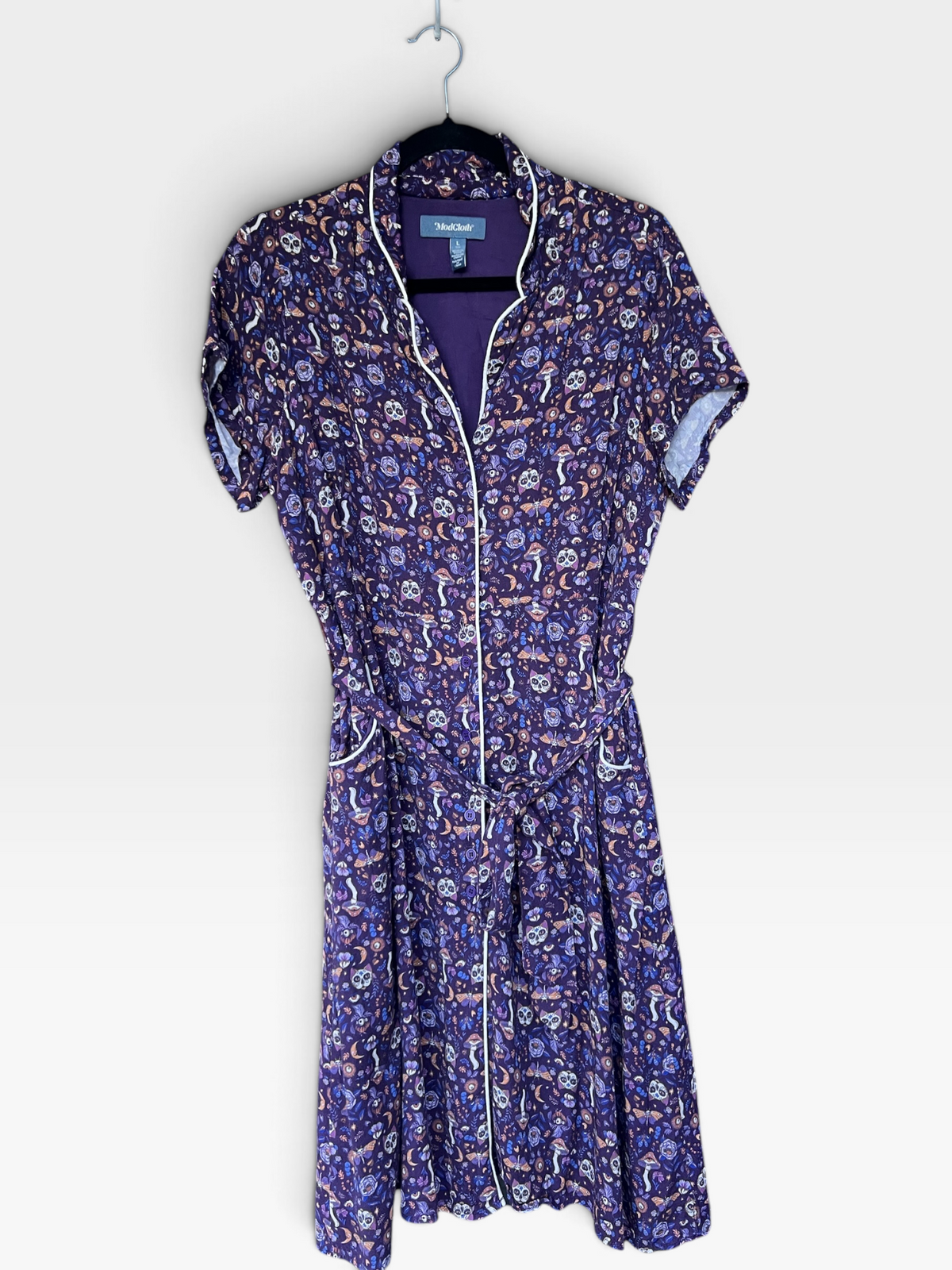 ModCloth Purple Whimsical Mushroom & Skull Midi Shirt Dress, Size L