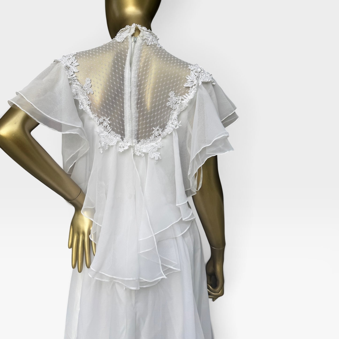 True Vintage 70s Chiffon Wedding Gown, Illusion Lace Back & Train, Size S