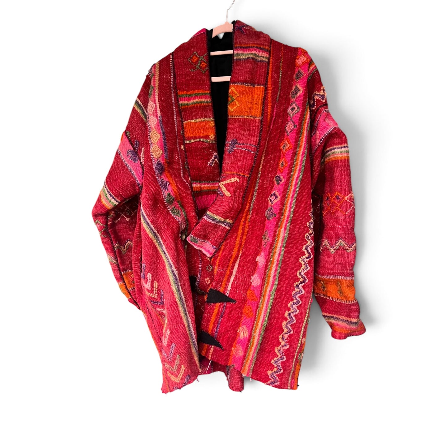Vintage Boho Woven Kimono Jacket Red Stripes Pockets Kantha, Size XL