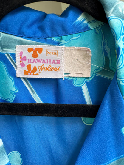 True Vintage 70s Hawaiian Aloha Blue Button Up Shirt, Size XL