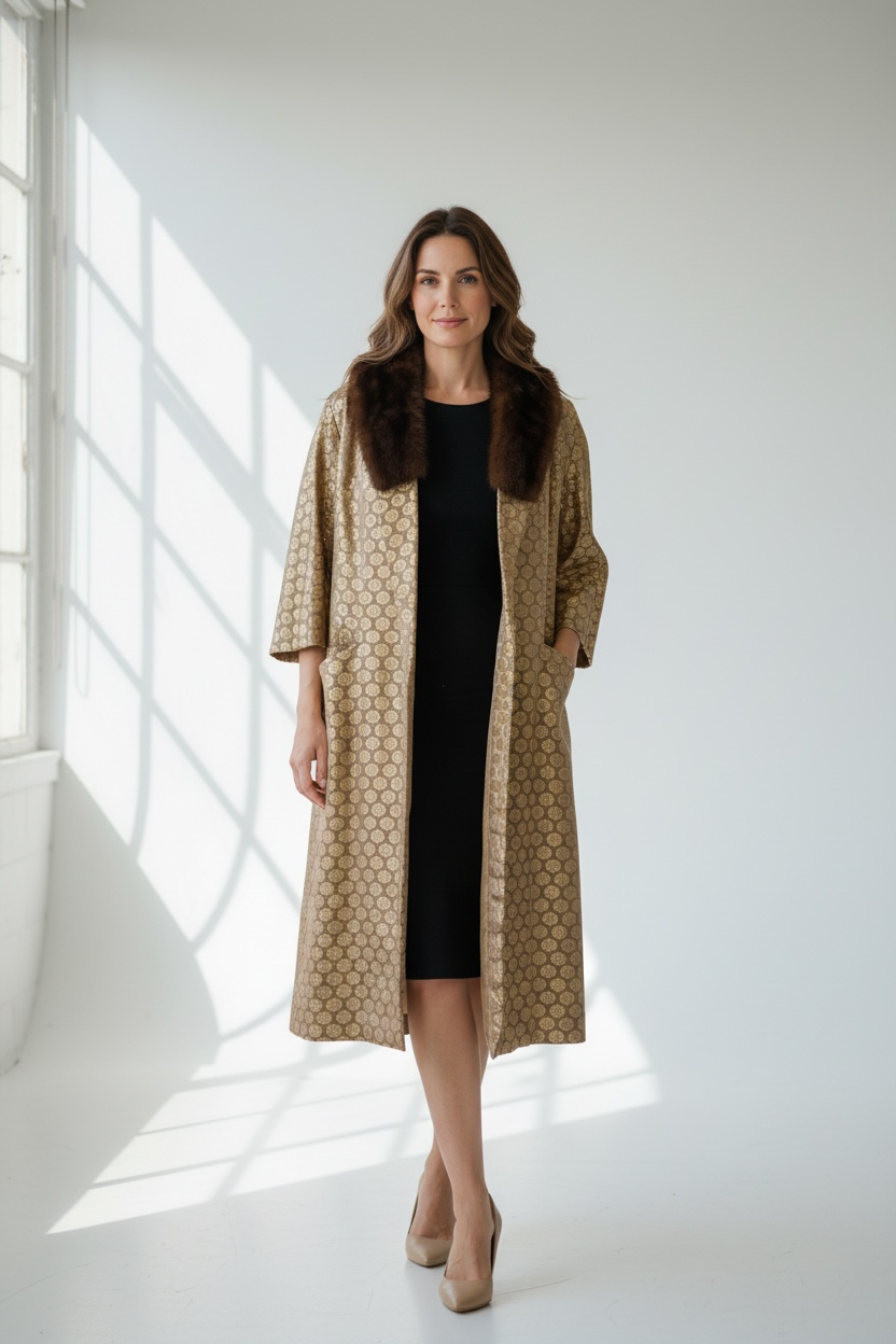2-Piece Vintage Gold Dress + Fur Collar Coat by Schleisner Co., size medium