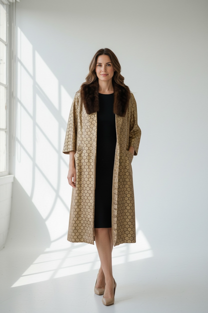 2-Piece Vintage Gold Dress + Fur Collar Coat by Schleisner Co., size medium