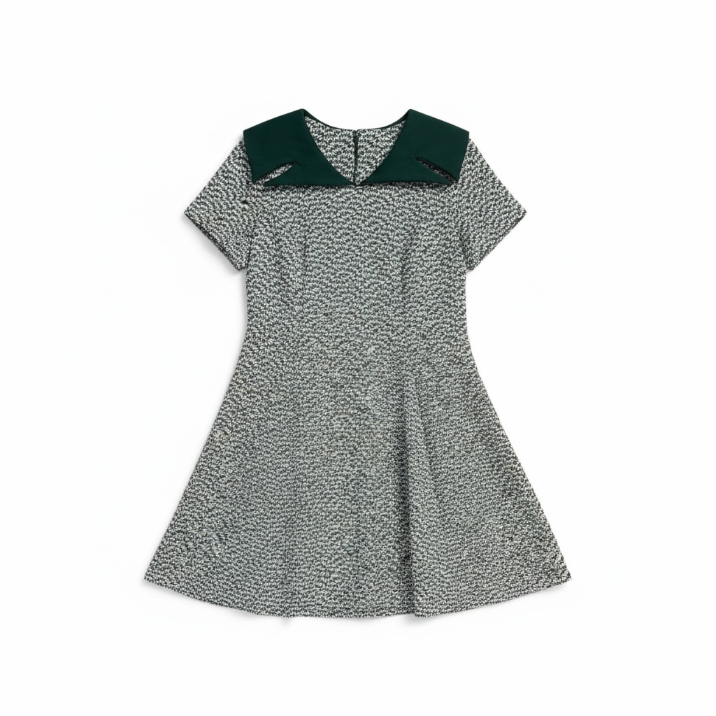 1970s Green and White Mini Dress With Oversized Collar, size m