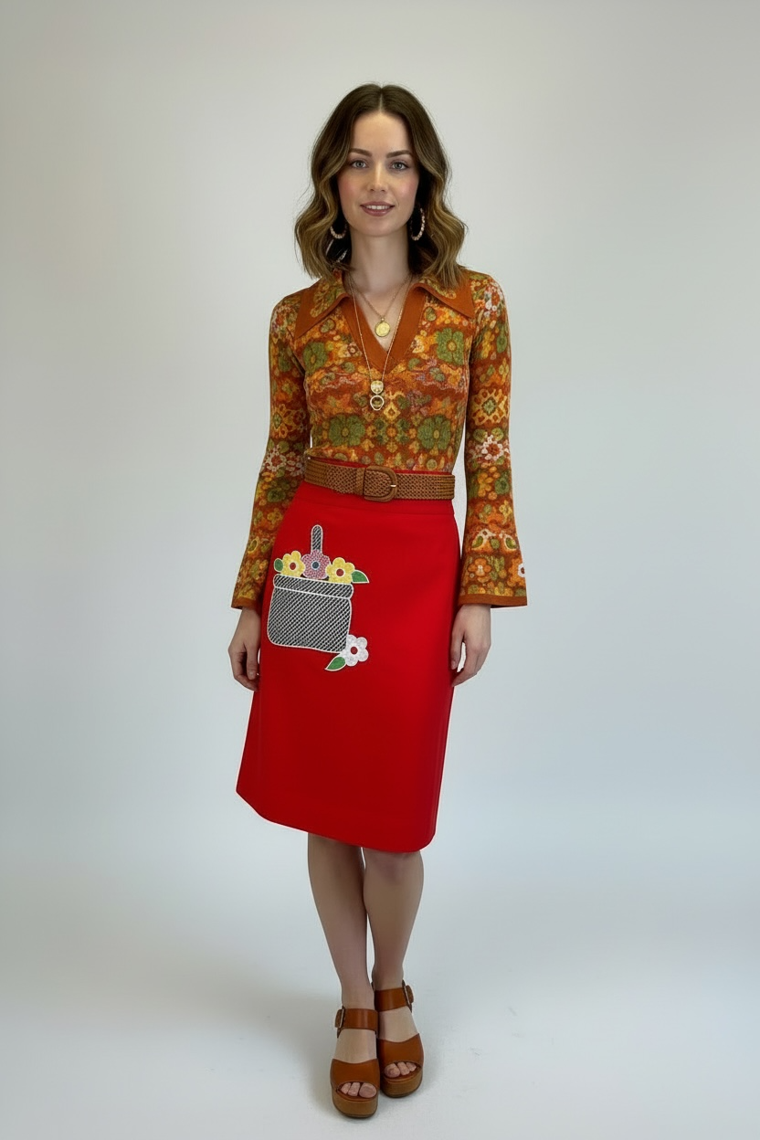 Vintage 70’s Red Skirt with Retro Flower Appliqué, sz small