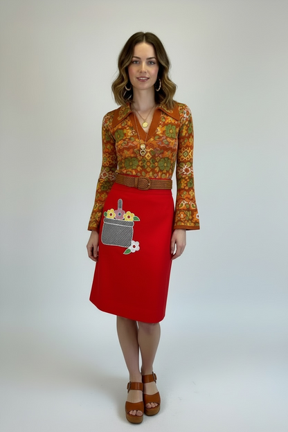 Vintage 70’s Red Skirt with Retro Flower Appliqué, sz small