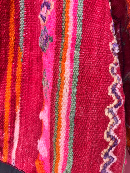 Vintage Boho Woven Kimono Jacket Red Stripes Pockets Kantha, Size XL
