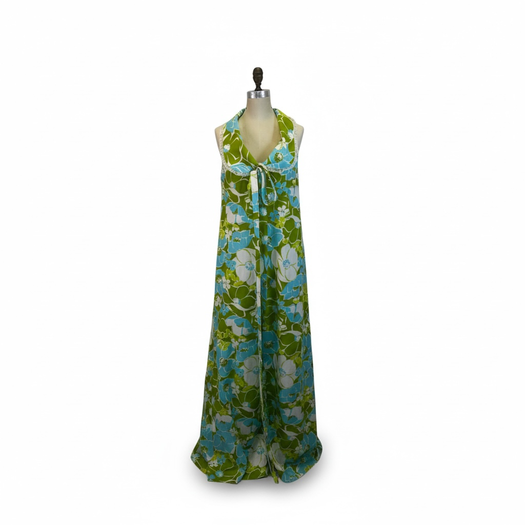 Tropical 1960s Long Sleeveless Floral Dress, size m