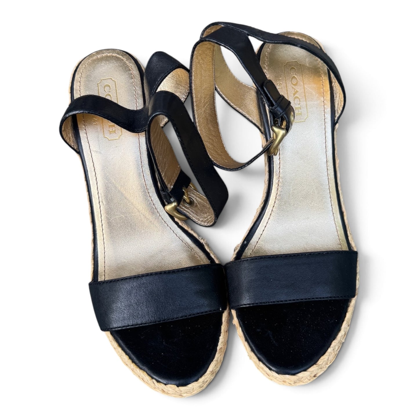 COACH Black Leather Espadrille Platform Wedge Sandals, Size 8.5