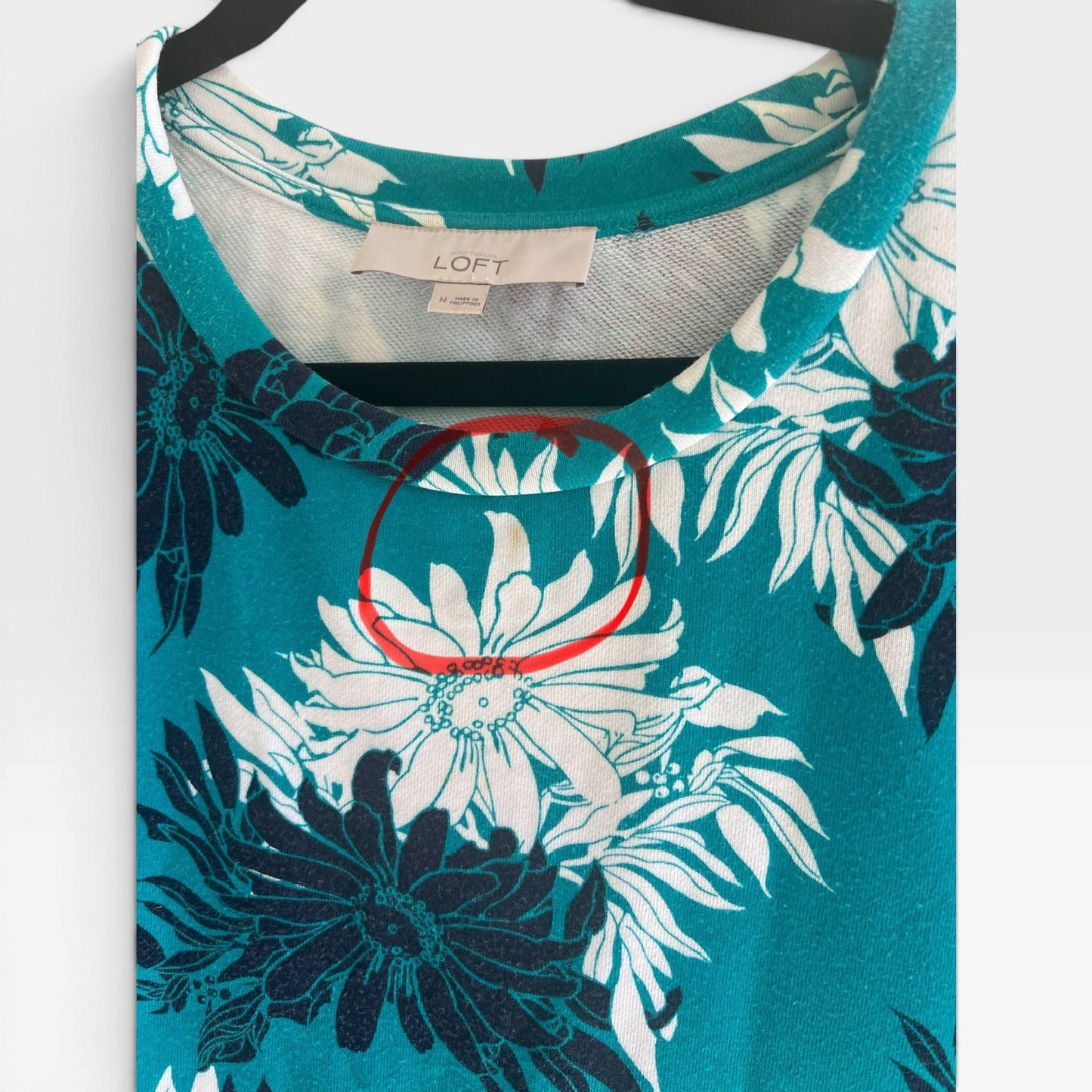 Loft 100% Cotton Teal Sweatshirt With All-Over Floral Print, Size Medium