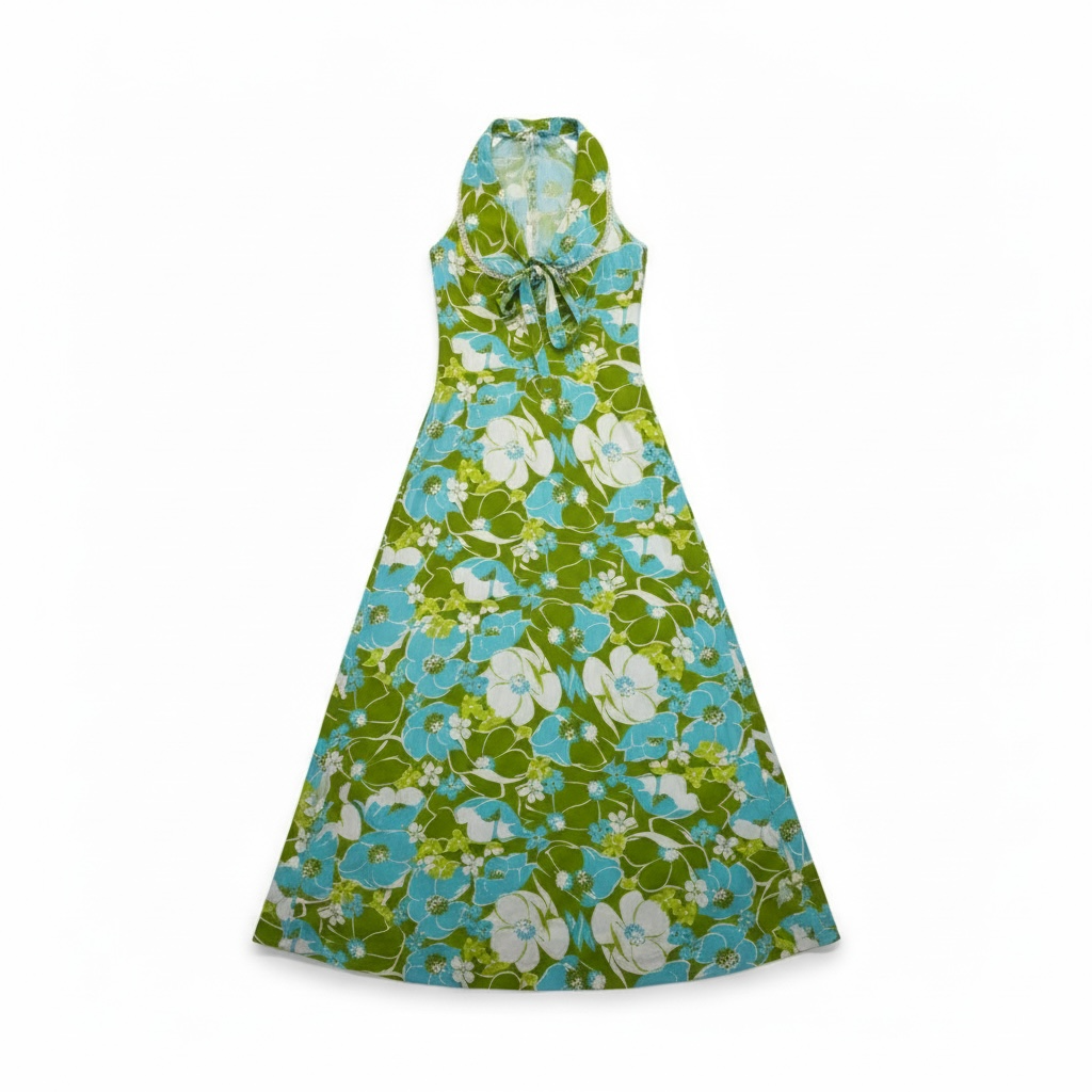 Tropical 1960s Long Sleeveless Floral Dress, size m