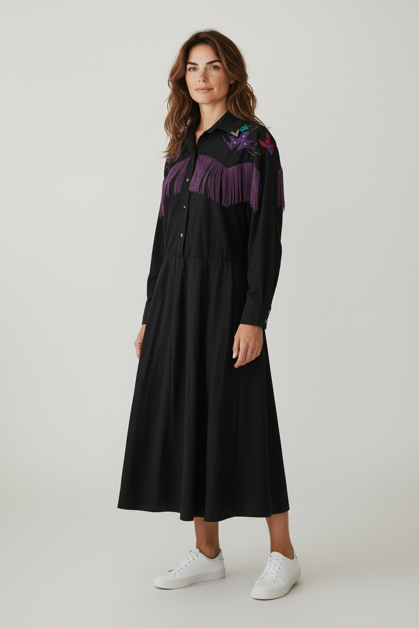 Vintage Black Western Dress with Purple Fringe & Abstract Star Details, size m